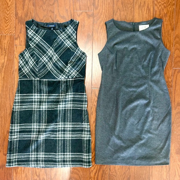 Lot of 2 dresses plaid Wool Lands End knee length winter sleeveless shift gray - Picture 1 of 9